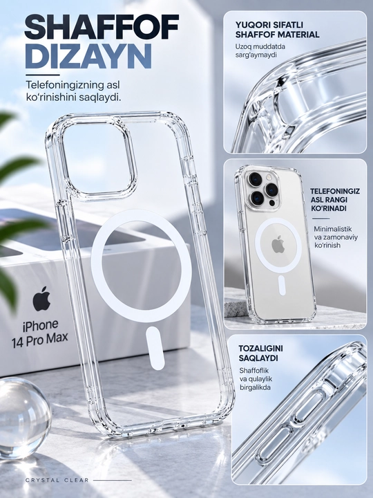 IPhone 14 Pro Max chexol, shaffof MagSafe, kamera himoyali, zarbaga chidamli g‘ilof