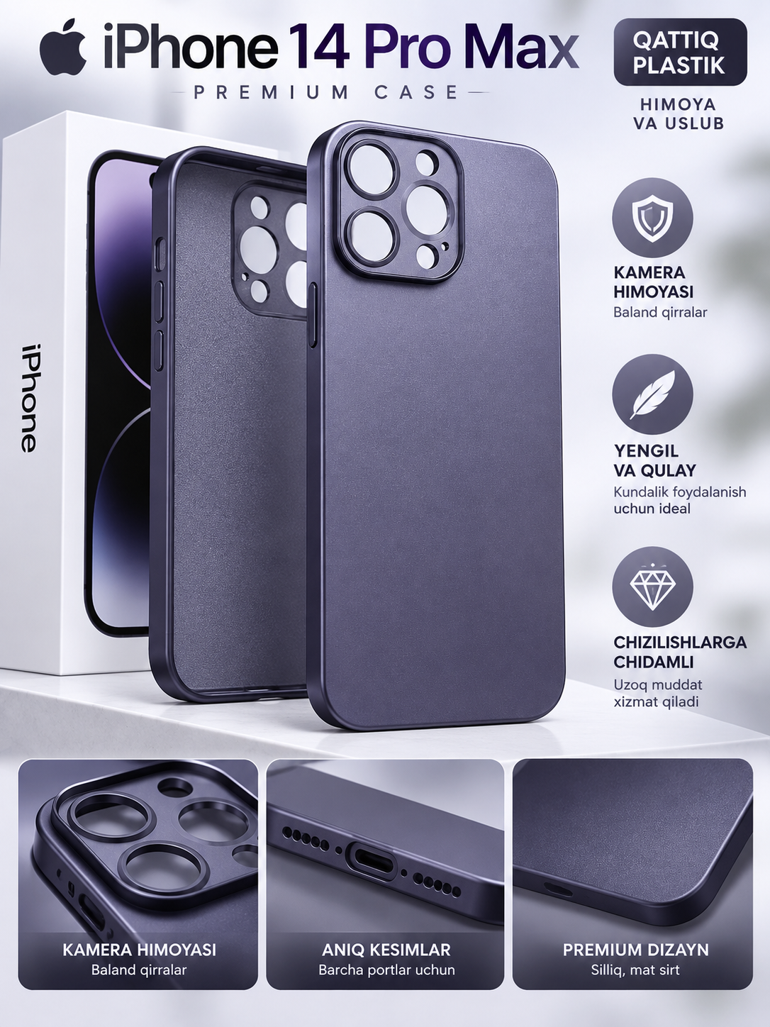 IPhone 14 Pro Max uchun g‘ilof, yuqori sifatli qattiq plastik, kamera himoyasi, xira yuza - 