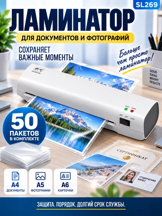 Ламинатор SL269 A4/A5/A6 для документов и фото, 50 плёнок A4 в подарок
