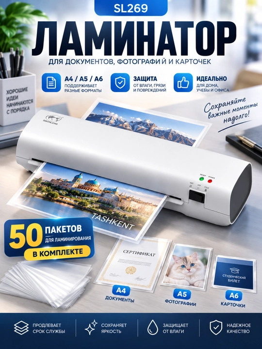 Ламинатор SL269 A4/A5/A6 для документов и фото, 50 плёнок A4 в подарок - 