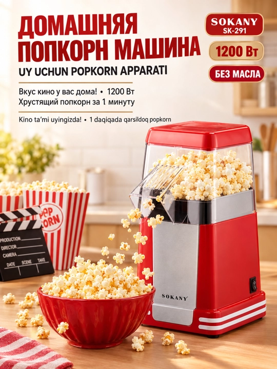Uy popkorn mashinasi SOKANY SK-291, yog'siz, 1200 Vt