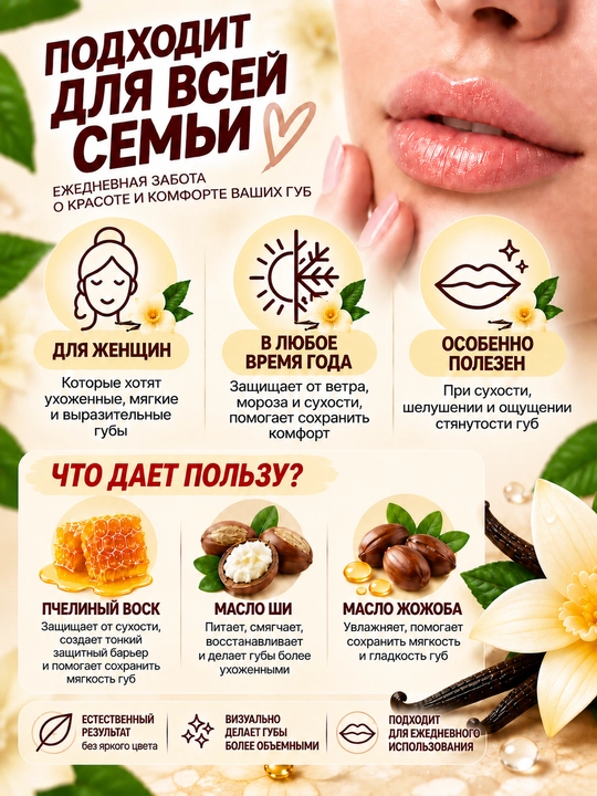 Бальзам для губ "Бархатные губки" с оттенком "Бежевый перламутр со вкусом ванили", 4.5 гр