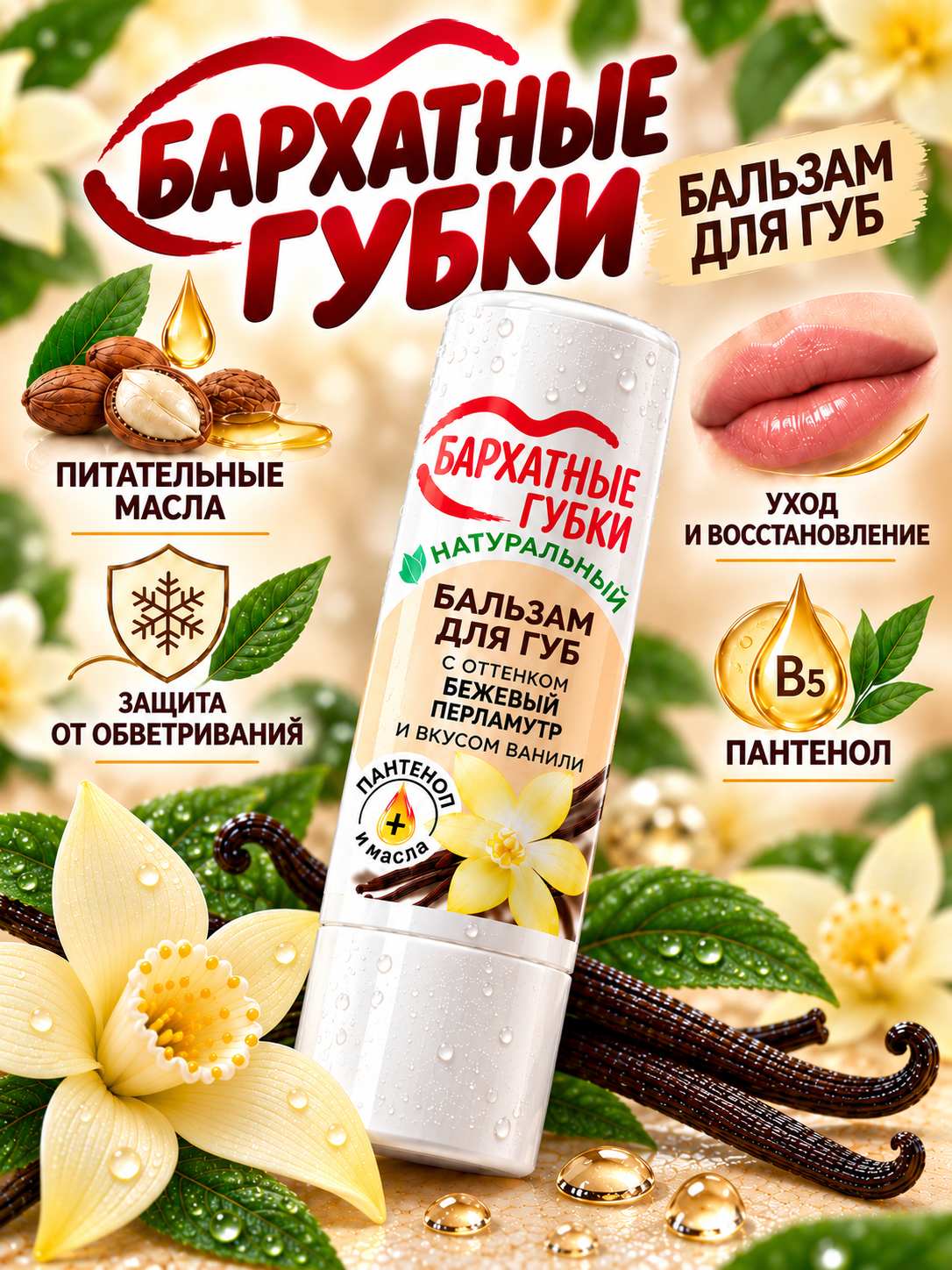Бальзам для губ "Бархатные губки" с оттенком "Бежевый перламутр со вкусом ванили", 4.5 гр - 
