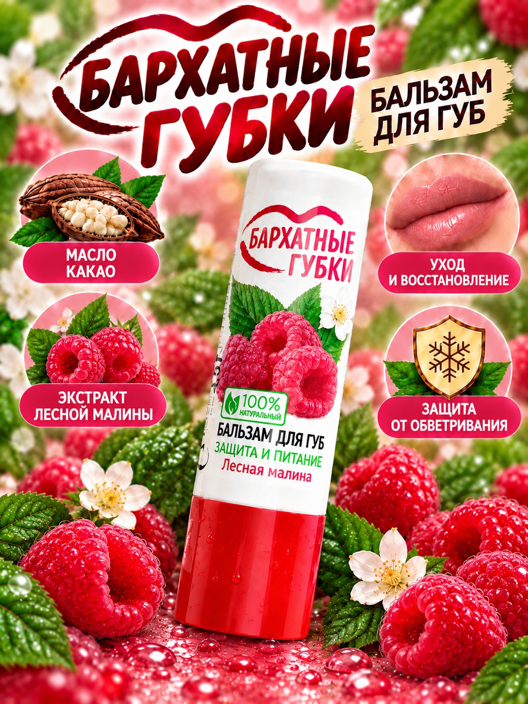 Бальзам для губ, Бархатные губки, "Лесная малина", 4.5 г - 