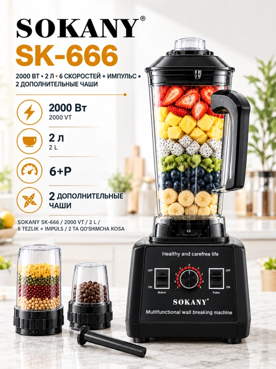 Блендер SOKANY SK-666, 2000Вт, 2л, многофункциональный, измельчение льда - 
