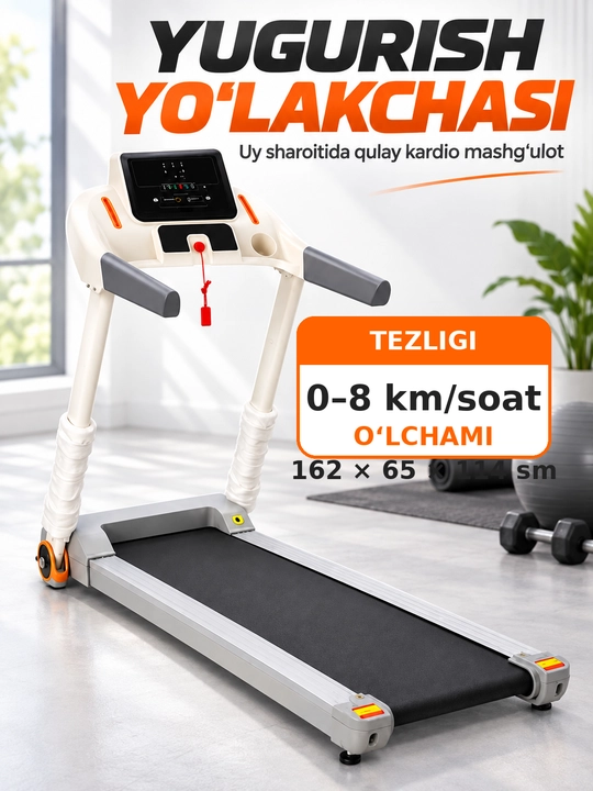 Yugurish yo‘lakchasi, begavoy darojka uy uchun, tezligi 0–8 km/soat, 162×65×114 sm
