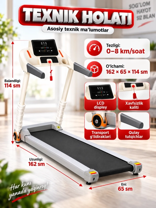 Yugurish yo‘lakchasi, begavoy darojka uy uchun, tezligi 0–8 km/soat, 162×65×114 sm