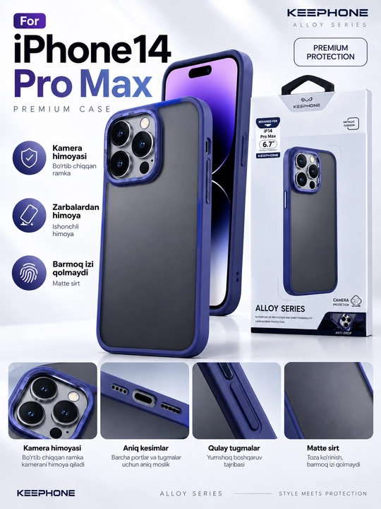 IPhone 14 Pro Max chexol, Alloy Series, ko‘k ramkali, kamera himoyali, zarbaga chidamli - 