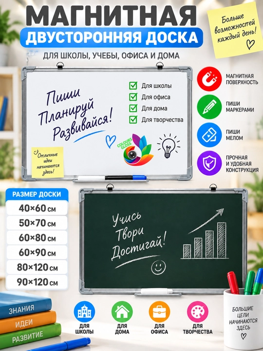 Maktab, o‘qish, ofis va uy uchun ikki tomonlama magnitli doska - 