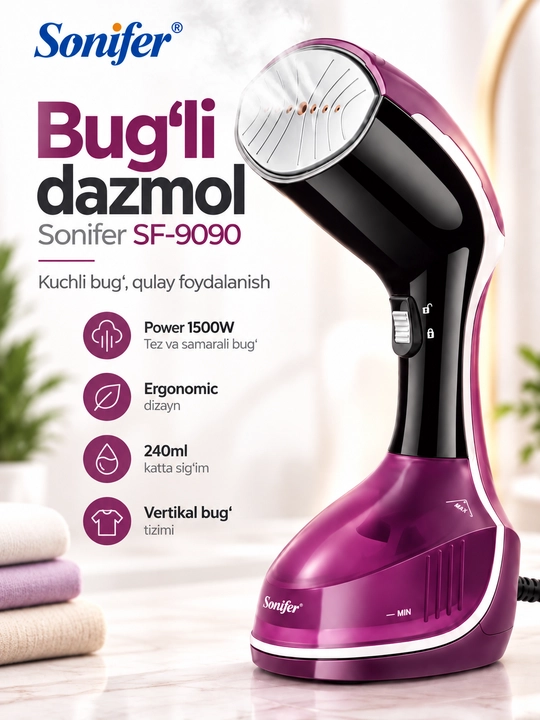 Parli dazmol Sonifer SF-9090, kiyim uchun qo‘l bug‘lagich, 1500 W, 260 ml - 