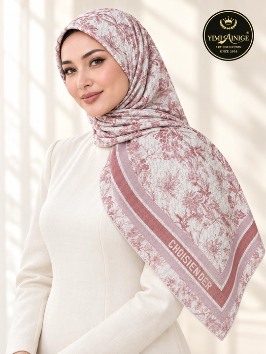 Turkiya XB ayollar ro‘moli 110x110 sm, boshga, oq-pushti, gulli