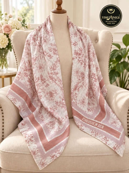 Turkiya XB ayollar ro‘moli 110x110 sm, boshga, oq-pushti, gulli
