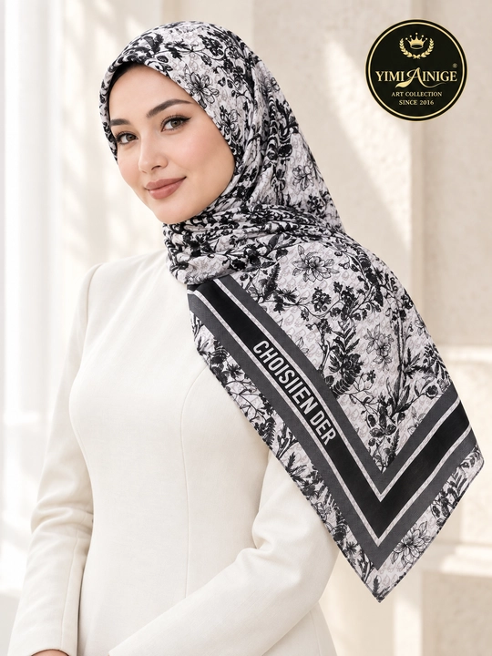 Turkiya XB ayollar ro‘moli 110x110 sm, boshga, oq-pushti, gulli