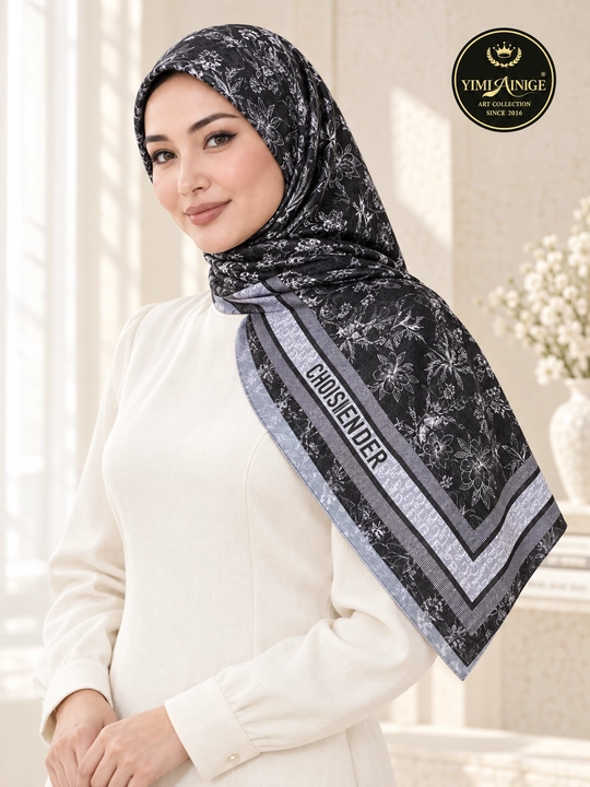 Turkiya XB ayollar ro‘moli 110x110 sm, boshga, oq-pushti, gulli