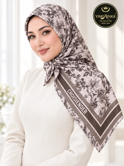 Turkiya XB ayollar ro‘moli 110x110 sm, boshga, oq-pushti, gulli