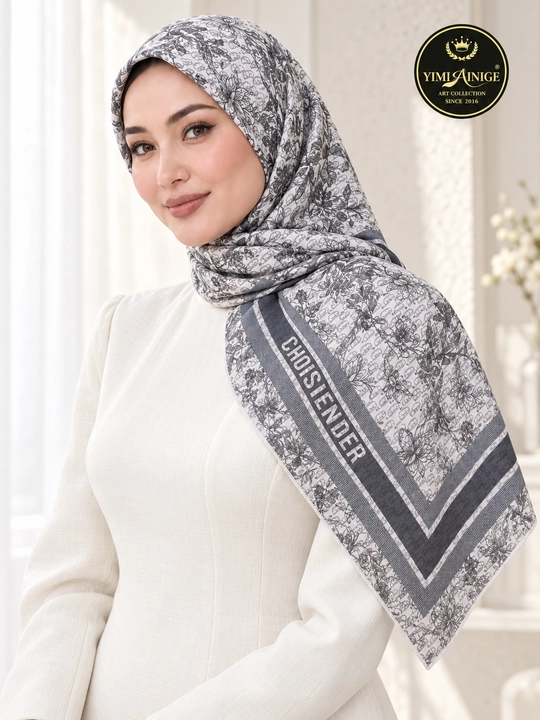 Turkiya XB ayollar ro‘moli 110x110 sm, boshga, oq-pushti, gulli