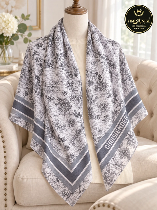 Turkiya XB ayollar ro‘moli 110x110 sm, boshga, oq-pushti, gulli