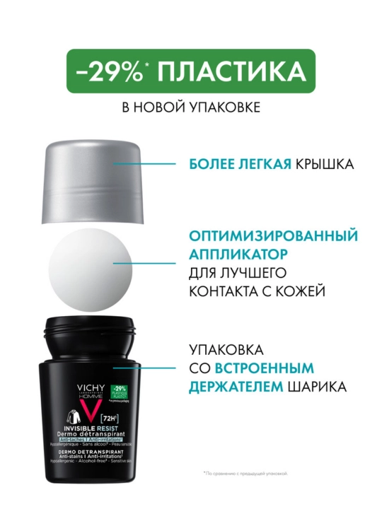Vichy Homme Invisible Шариковый дезодорант-антиперспирант для мужчин, 50 мл