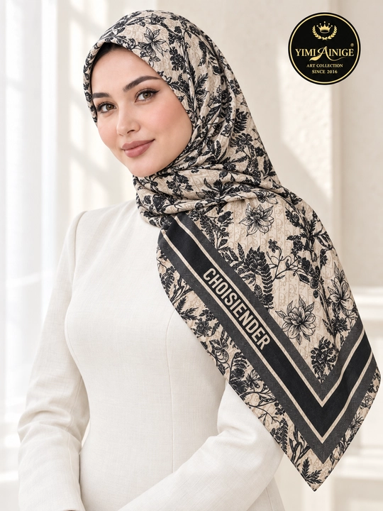 Turkiya XB ayollar ro‘moli 110x110 sm, boshga, oq-pushti, gulli