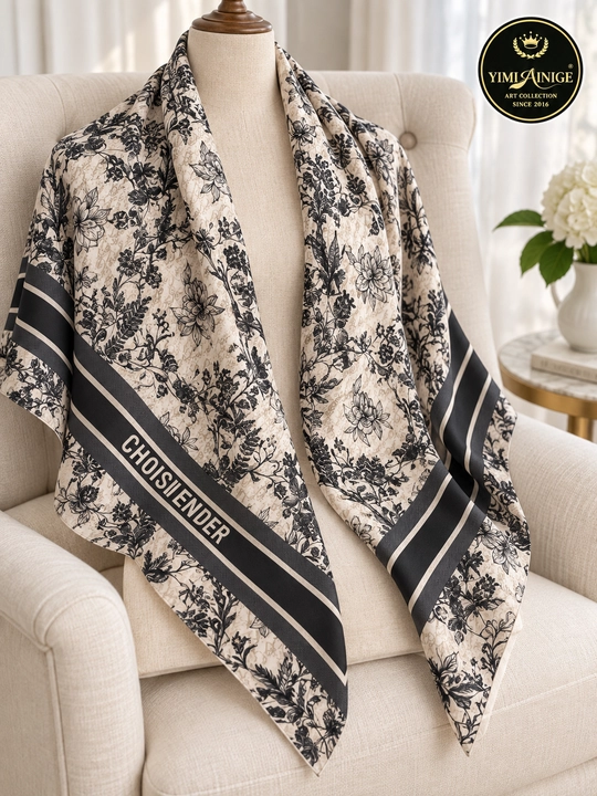 Turkiya XB ayollar ro‘moli 110x110 sm, boshga, oq-pushti, gulli
