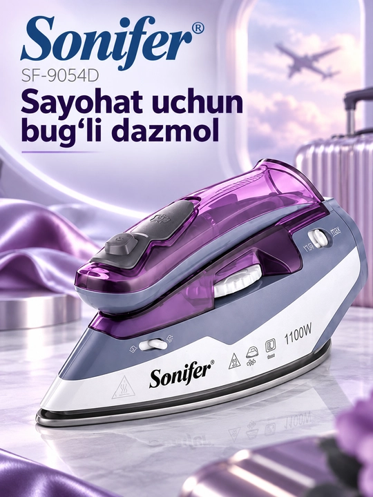 Sayohat uchun bug‘li dazmol Sonifer SF-9054D, 1100 W, 60 ml, ixcham mini dazmol - 