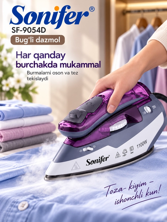 Sayohat uchun bug‘li dazmol Sonifer SF-9054D, 1100 W, 60 ml, ixcham mini dazmol