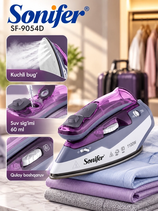 Sayohat uchun bug‘li dazmol Sonifer SF-9054D, 1100 W, 60 ml, ixcham mini dazmol