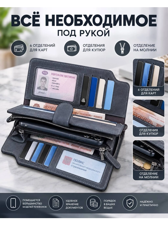Telefon, karta va pullar uchun bilaguzukli ayollar hamyoni-koshelok, fermuarli