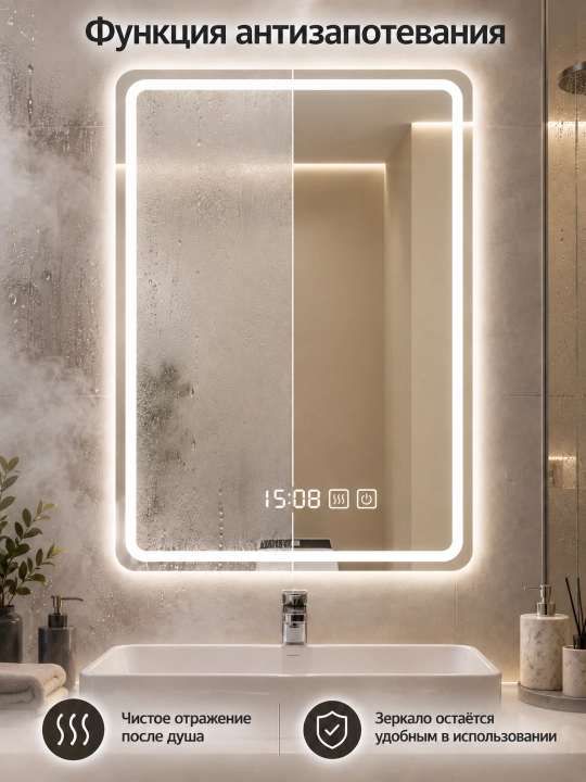 Hammom uchun devor LED ko‘zgu 60×80 sm, 3 xil yorug‘lik, tumanga qarshi, soat bilan