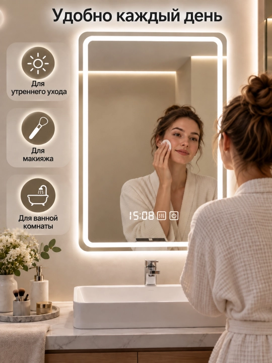 Hammom uchun devor LED ko‘zgu 60×80 sm, 3 xil yorug‘lik, tumanga qarshi, soat bilan