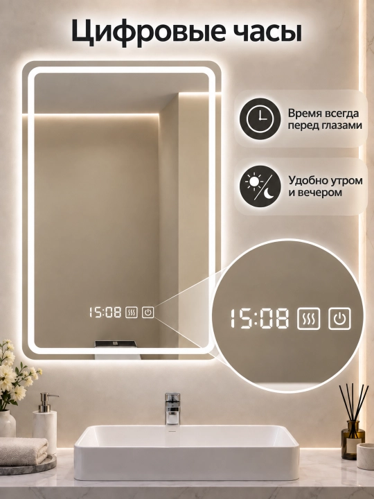 Hammom uchun devor LED ko‘zgu 60×80 sm, 3 xil yorug‘lik, tumanga qarshi, soat bilan