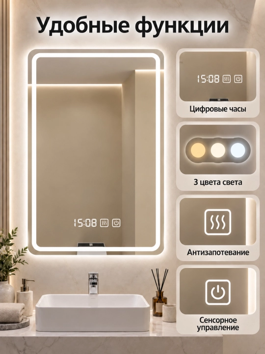Hammom uchun devor LED ko‘zgu 60×80 sm, 3 xil yorug‘lik, tumanga qarshi, soat bilan