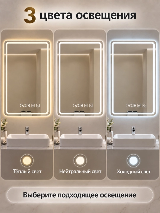 Hammom uchun devor LED ko‘zgu 60×80 sm, 3 xil yorug‘lik, tumanga qarshi, soat bilan