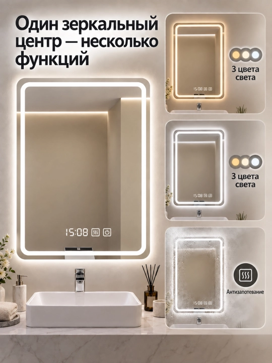 Hammom uchun devor LED ko‘zgu 60×80 sm, 3 xil yorug‘lik, tumanga qarshi, soat bilan