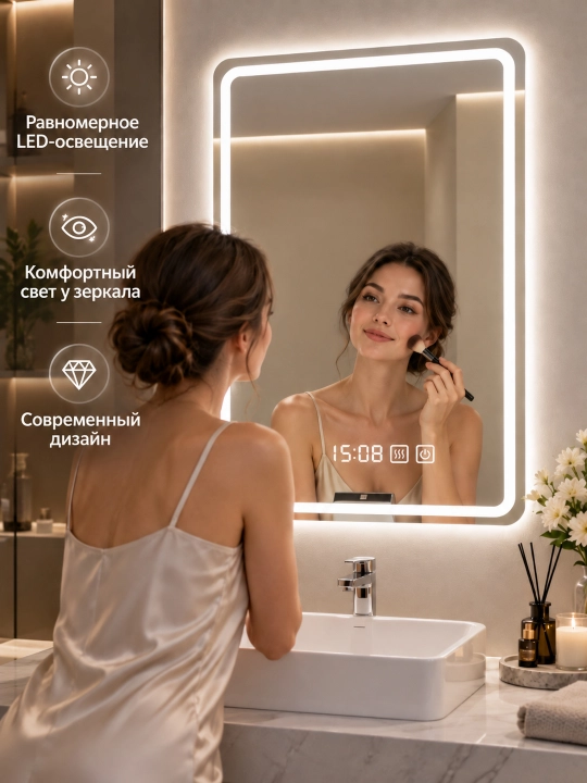 Hammom uchun devor LED ko‘zgu 60×80 sm, 3 xil yorug‘lik, tumanga qarshi, soat bilan