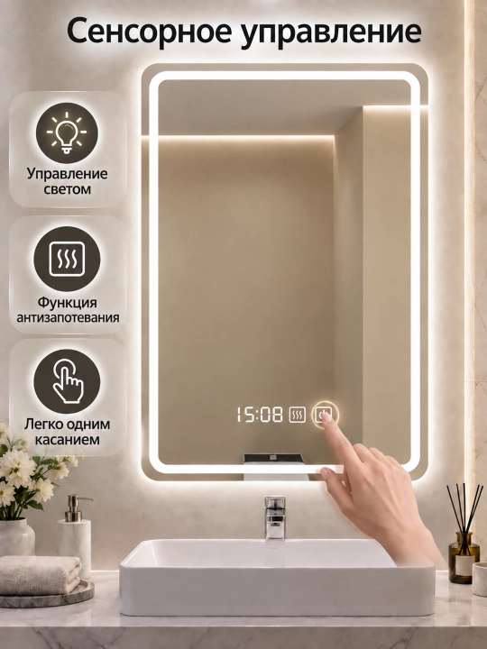 Hammom uchun devor LED ko‘zgu 60×80 sm, 3 xil yorug‘lik, tumanga qarshi, soat bilan