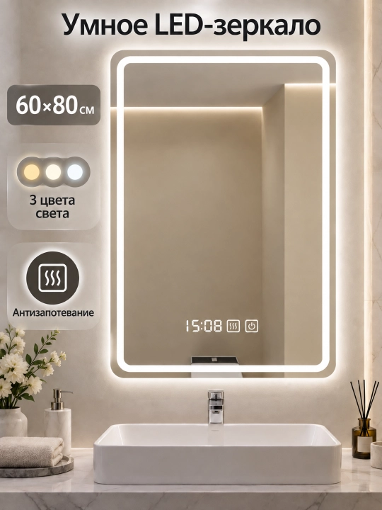 LED-зеркало настенное для ванной 60×80 см, 3 цвета подсветки, антизапотевание, часы - 