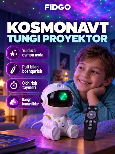 Bolalar uchun "Kosmonavt" yulduzli osmon projektor-tungi chirog‘i pult bilan, yoritgich - 