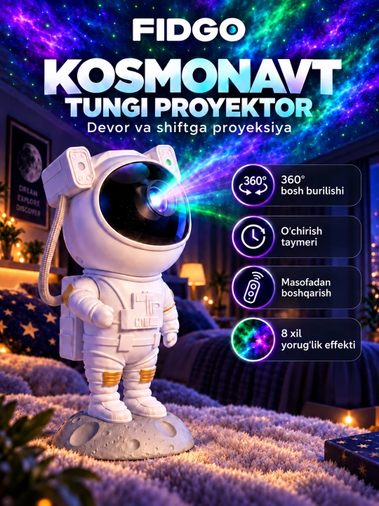 Детский ночник-проектор звездного неба "Космонавт" с пультом, светильник - 