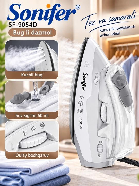 Sayohat uchun bug‘li dazmol Sonifer SF-9054D, 1100 W, 60 ml, ixcham mini dazmol