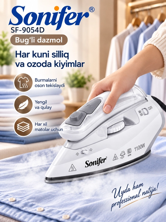 Sayohat uchun bug‘li dazmol Sonifer SF-9054D, 1100 W, 60 ml, ixcham mini dazmol