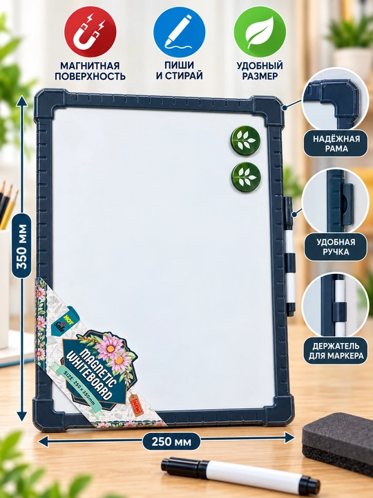 Yozish va chizish uchun mo‘ljallangan, 250×350 mm o‘lchamli magnitli doska, marker ushlagichi bilan - 
