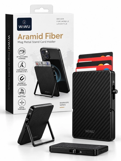 WiWU Aramid Fiber magnitli karta g‘ilofi 2 tasi 1 da, telefon uchun stend, 4 tagacha karta