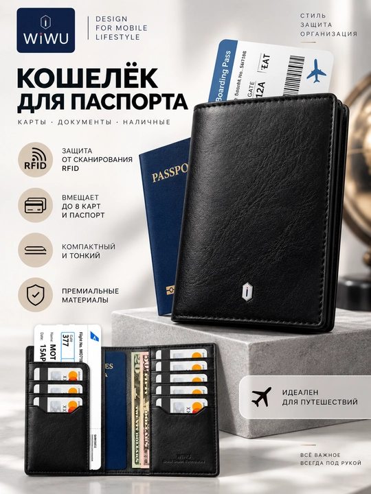 WiWU Royal pasport hamyoni, pasport va kartalar uchun, RFID himoya, 8 tagacha karta - 