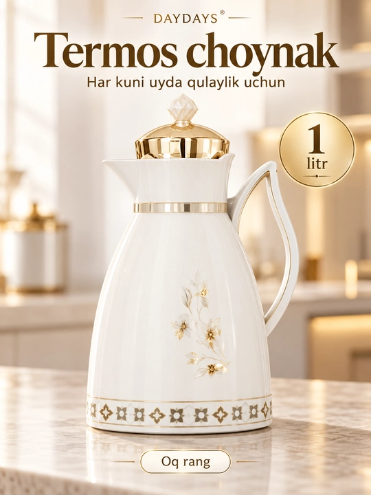 Termos choynak DAYDAYS BK-W100G-1, oq rang, 1 litr, 24×14 sm   - 
