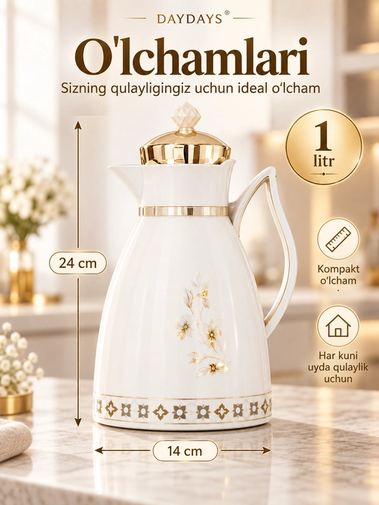 Termos choynak DAYDAYS BK-W100G-1, oq rang, 1 litr, 24×14 sm  