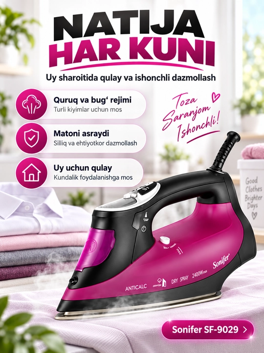 Bug‘li dazmol Sonifer SF-9029, 2400 W, 340 ml, keramika taglik, LCD displey