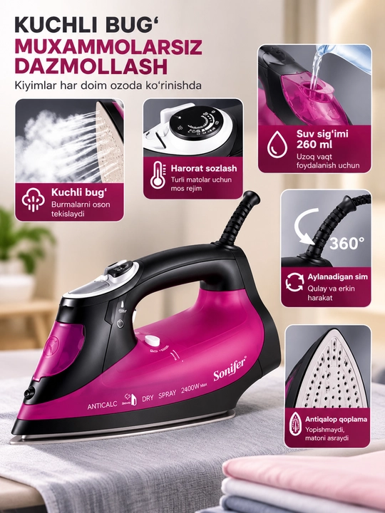 Bug‘li dazmol Sonifer SF-9029, 2400 W, 340 ml, keramika taglik, LCD displey