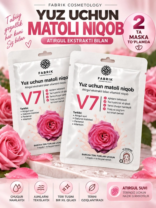 Тканевая маска для лица V7 с экстрактом розы, увлажняющая, 2 шт - 