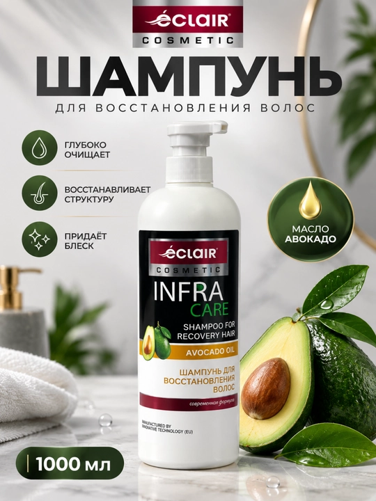 Шампунь Eclair Cosmetic Infra Care с маслом авокадо для восстановления волос, 1000 мл - 
